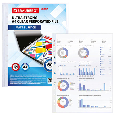Папки-файлы перфорированные А4 BRAUBERG "МАТОВЫЕ EXTRA 600", КОМПЛЕКТ 100 шт., ПЛОТНЫЕ, 60 мкм, 2296