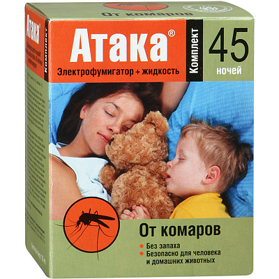 Инсектициды от комаров АТАКА жидкость + фумигатор 45 ночей