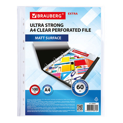 Папки-файлы перфорированные А4 BRAUBERG "МАТОВЫЕ EXTRA 600", КОМПЛЕКТ 100 шт., ПЛОТНЫЕ, 60 мкм, 2296
